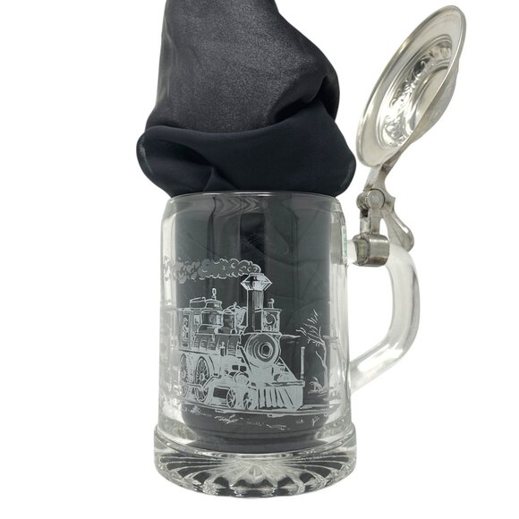 Vintage ALWE West Germany Glass Beer Stein Mug Pewter Lid Frosted Train Scene - Picture 1 of 16